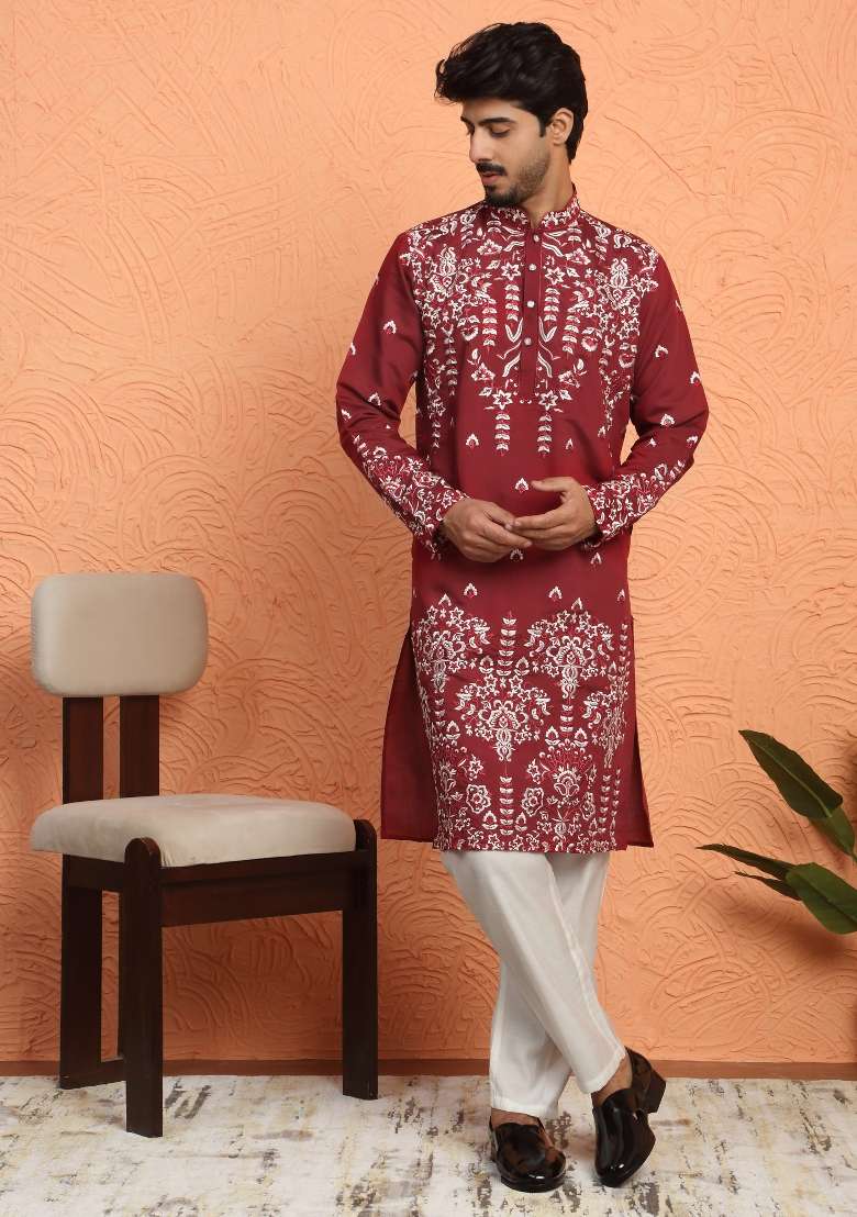Maroon Embroidered Silk Blend Kurta Set For Men - Indya