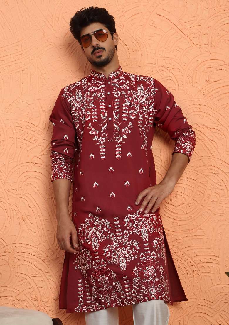 Maroon Embroidered Silk Blend Kurta Set For Men - Indya