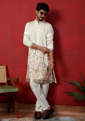 Cream Embroidered Silk Blend Kurta Set For Men
