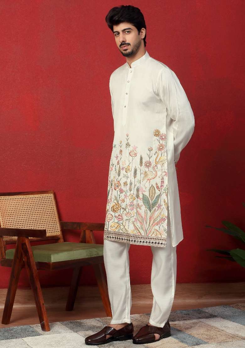 Cream Embroidered Silk Blend Kurta Set For Men - Indya