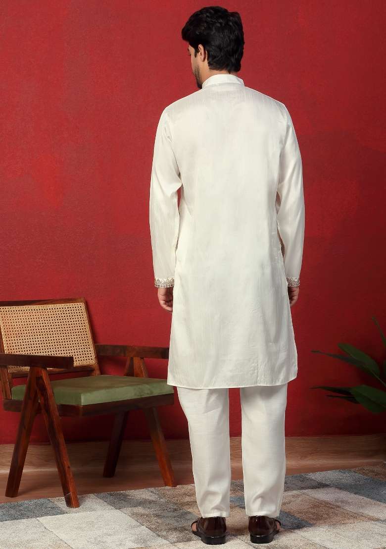Cream Embroidered Silk Blend Kurta Set For Men - Indya