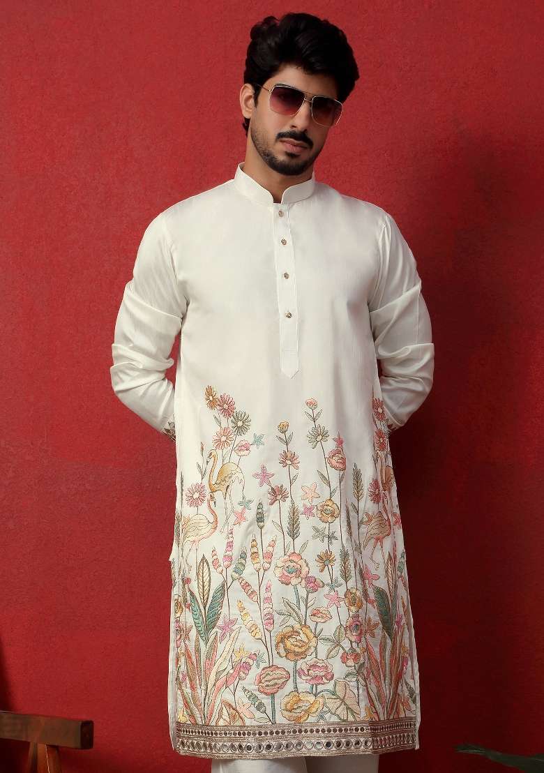 Cream Embroidered Silk Blend Kurta Set For Men - Indya
