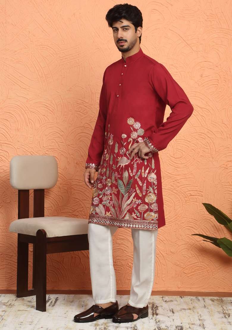 Maroon Embroidered Silk Blend Kurta Set For Men - Indya