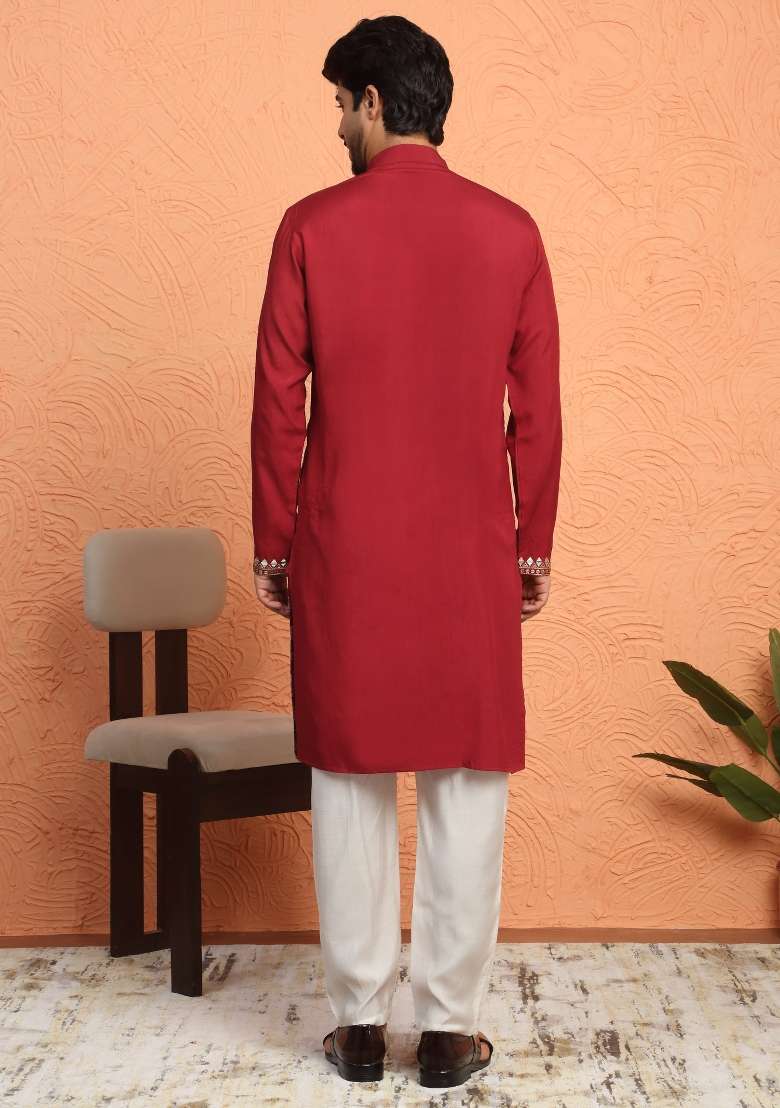 Maroon Embroidered Silk Blend Kurta Set For Men - Indya