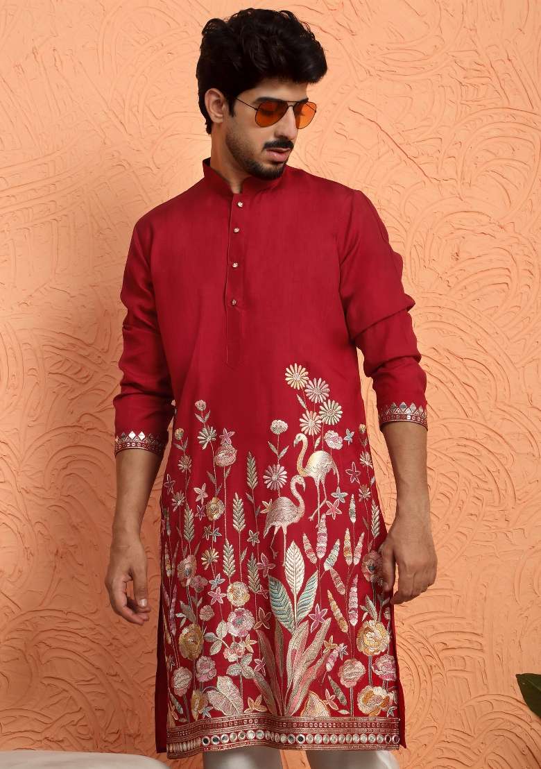 Maroon Embroidered Silk Blend Kurta Set For Men - Indya