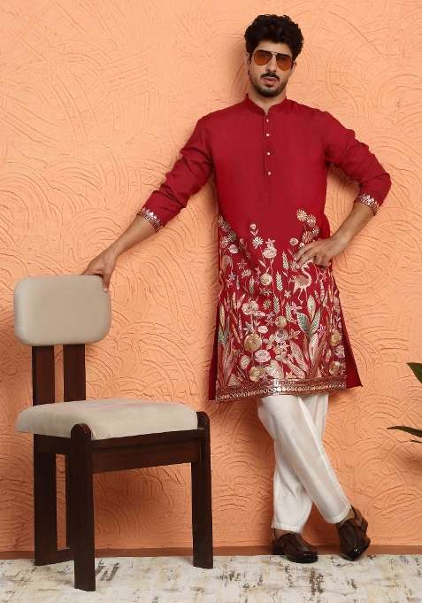 Maroon Embroidered Silk Blend Kurta Set For Men
