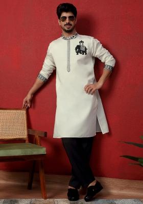 Cream Embroidered Silk Blend Kurta Set For Men