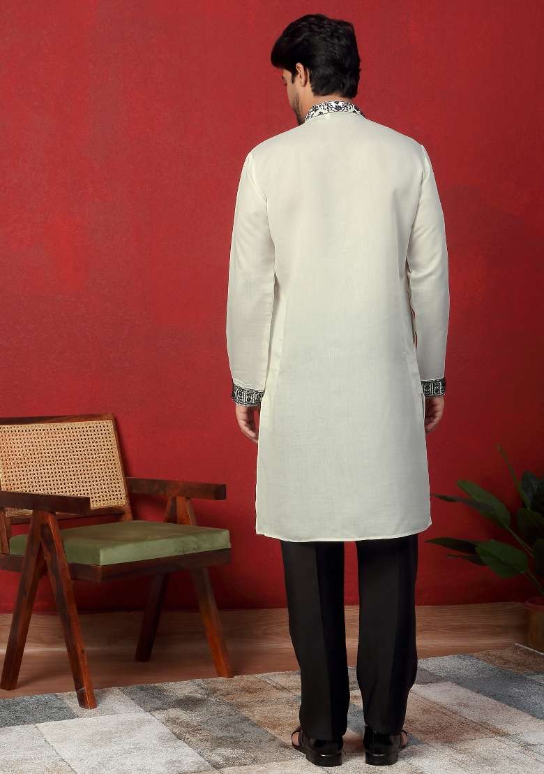 Cream Embroidered Silk Blend Kurta Set For Men - Indya