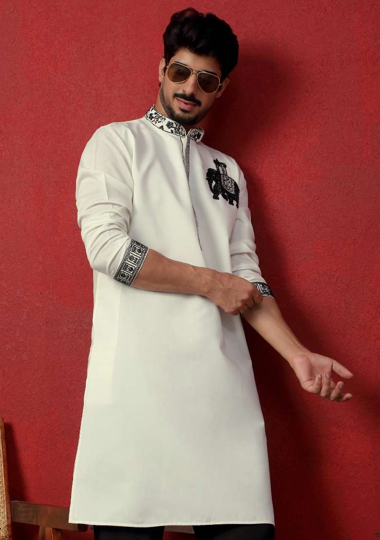 Cream Embroidered Silk Blend Kurta Set For Men - Indya