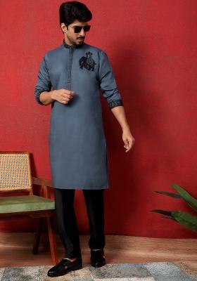 Grey Embroidered Silk Blend Kurta Set For Men