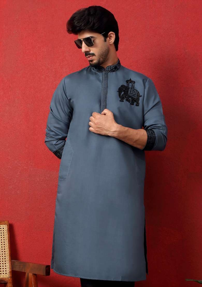 Grey Embroidered Silk Blend Kurta Set For Men - Indya