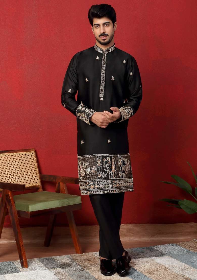 Black Embroidered Silk Blend Kurta Set For Men - Indya