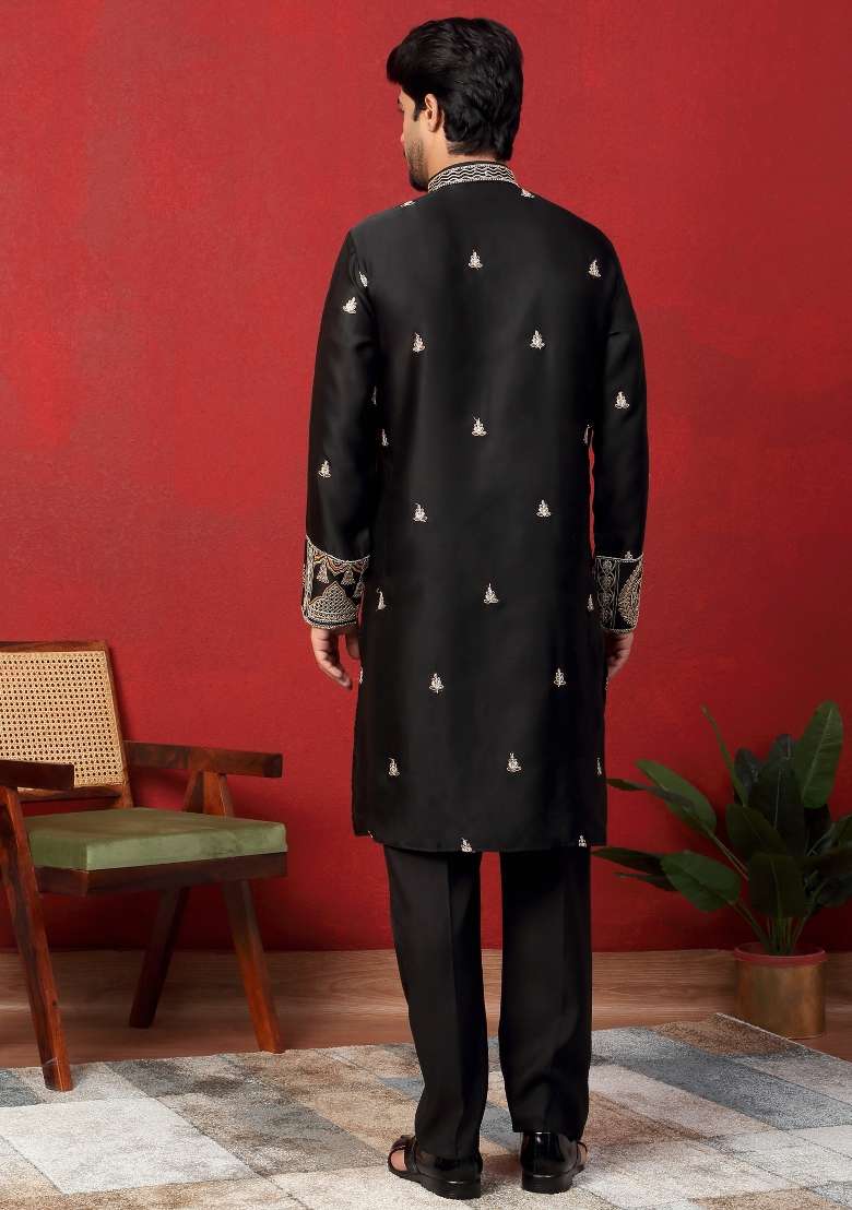 Black Embroidered Silk Blend Kurta Set For Men - Indya