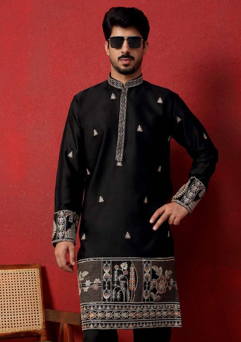 Black Embroidered Silk Blend Kurta Set For Men - Indya