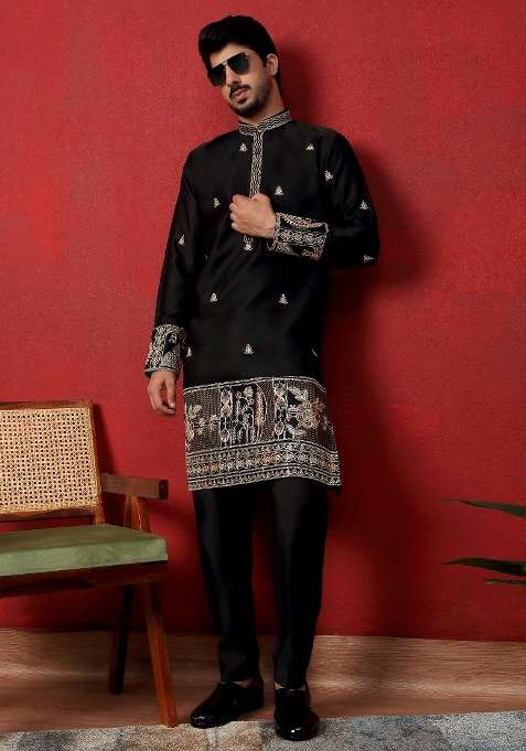 Black Embroidered Silk Blend Kurta Set For Men
