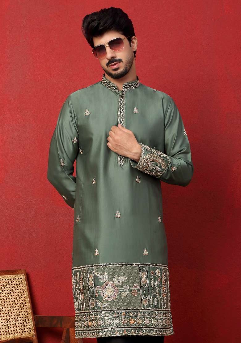 Green Embroidered Silk Blend Kurta Set For Men - Indya