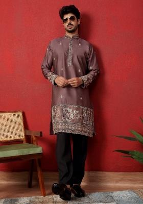 Mauve Embroidered Silk Blend Kurta Set For Men