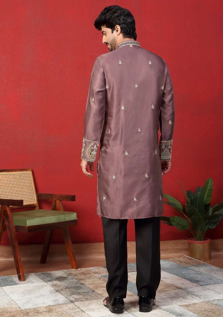 Mauve Embroidered Silk Blend Kurta Set For Men - Indya