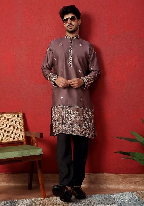 Mauve Embroidered Silk Blend Kurta Set For Men