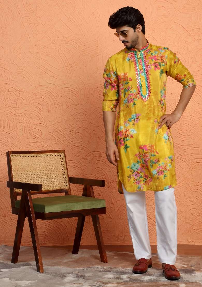 Mustard Yoke Design Silk Blend Kurta Set For Men - Indya