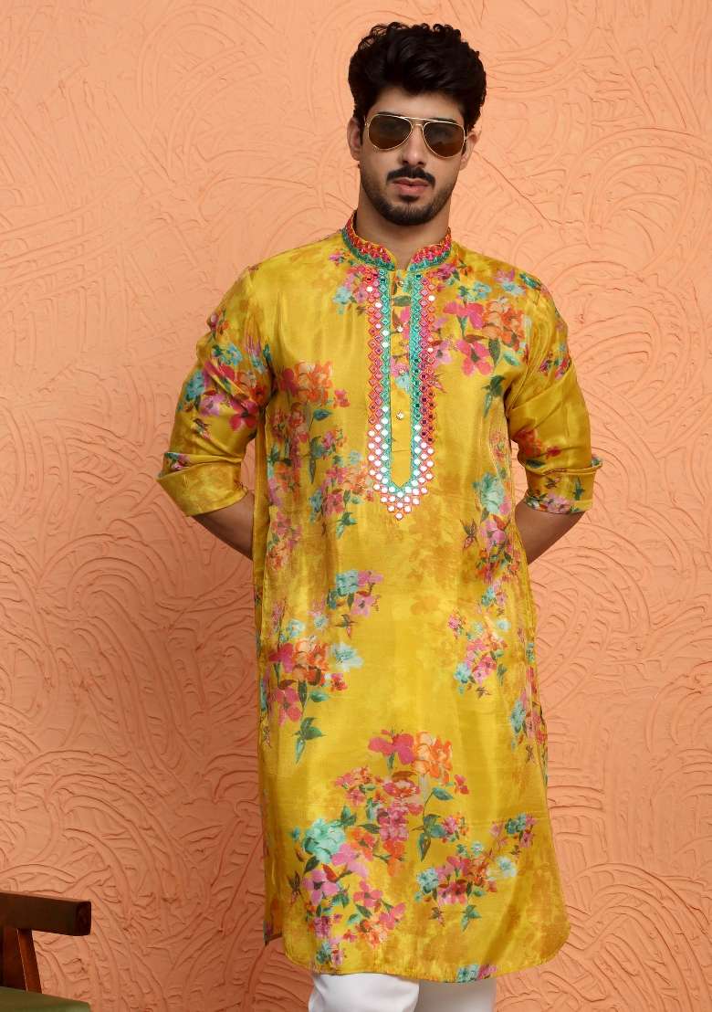 Mustard Yoke Design Silk Blend Kurta Set For Men - Indya