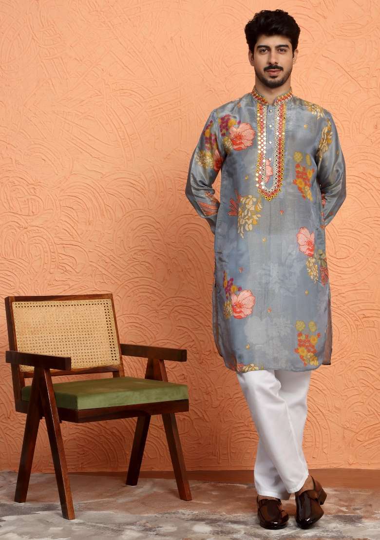 Grey Yoke Design Silk Blend Kurta Set For Men - Indya