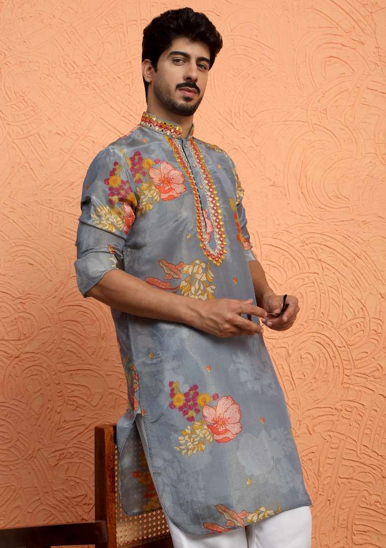 Grey Yoke Design Silk Blend Kurta Set For Men - Indya