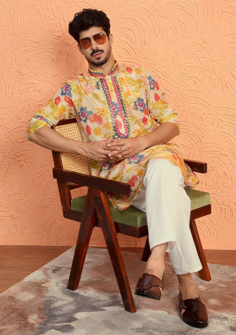 Beige Yoke Design Silk Blend Kurta Set For Men - Indya
