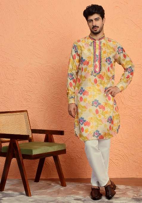 Beige Yoke Design Silk Blend Kurta Set For Men