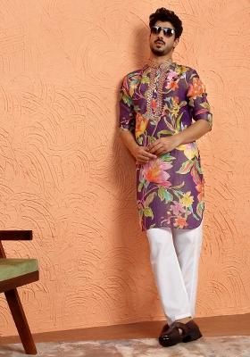 Purple Yoke Design Silk Blend Kurta Set For Men