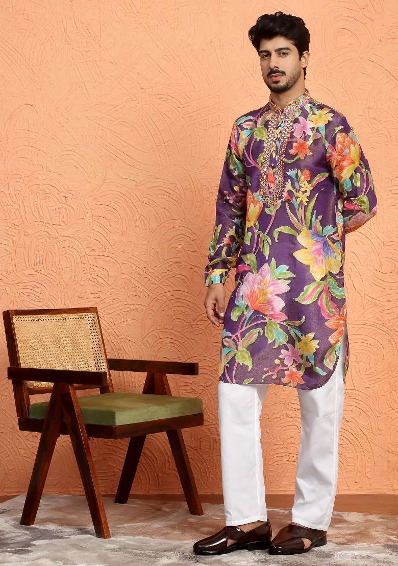 Purple Yoke Design Silk Blend Kurta Set For Men - Indya