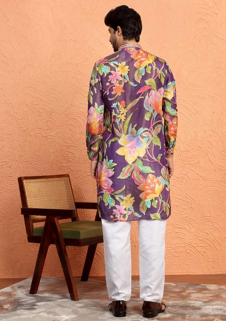 Purple Yoke Design Silk Blend Kurta Set For Men - Indya