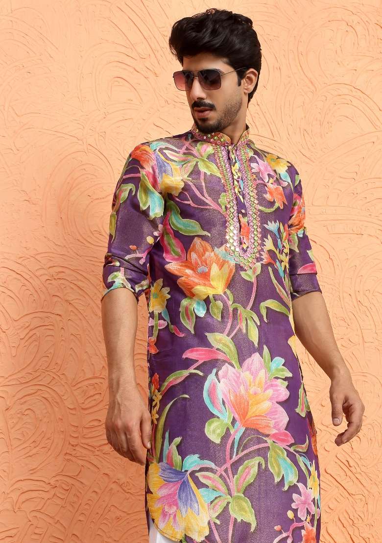 Purple Yoke Design Silk Blend Kurta Set For Men - Indya