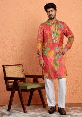 Maroon Yoke Design Silk Blend Kurta Set For Men