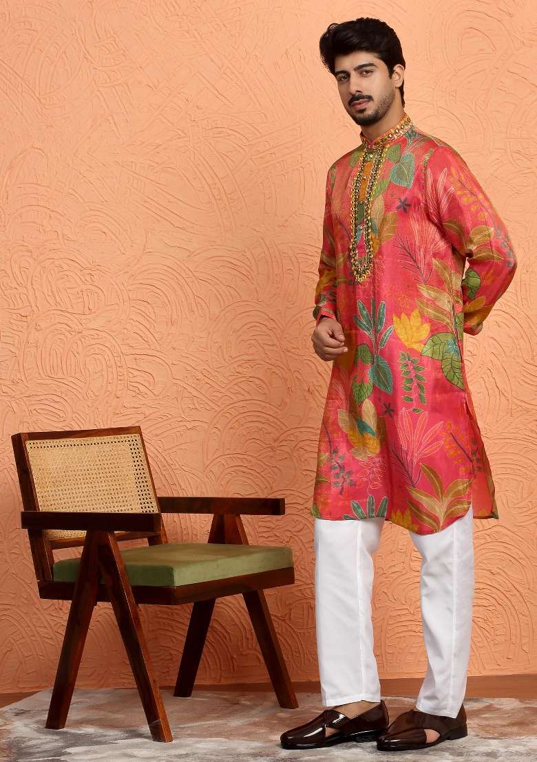 Maroon Yoke Design Silk Blend Kurta Set For Men - Indya