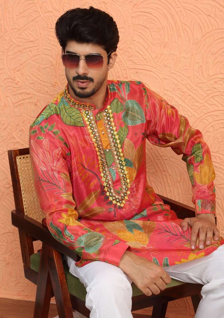 Maroon Yoke Design Silk Blend Kurta Set For Men - Indya