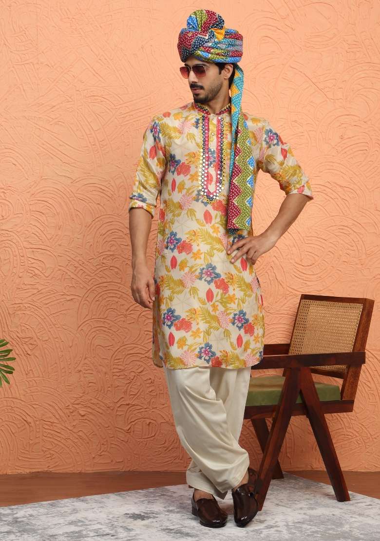 Beige Yoke Design Silk Blend Kurta Set For Men - Indya