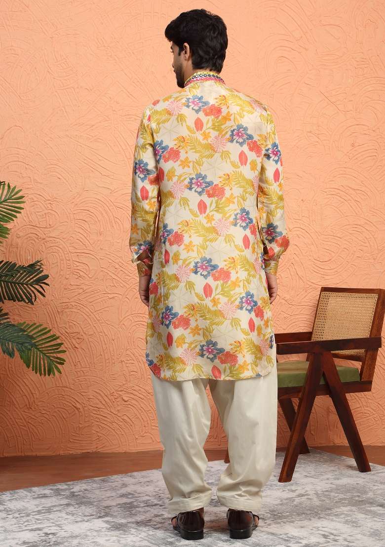 Beige Yoke Design Silk Blend Kurta Set For Men - Indya