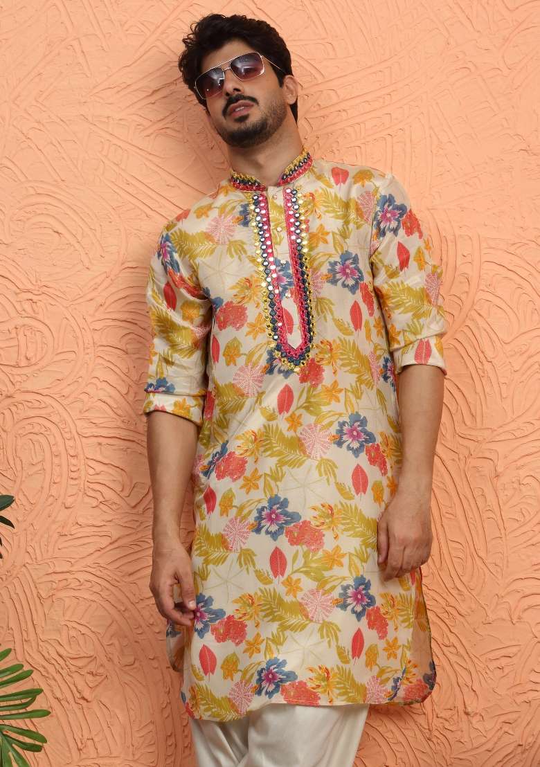 Beige Yoke Design Silk Blend Kurta Set For Men - Indya