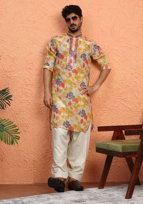 Beige Yoke Design Silk Blend Kurta Set For Men