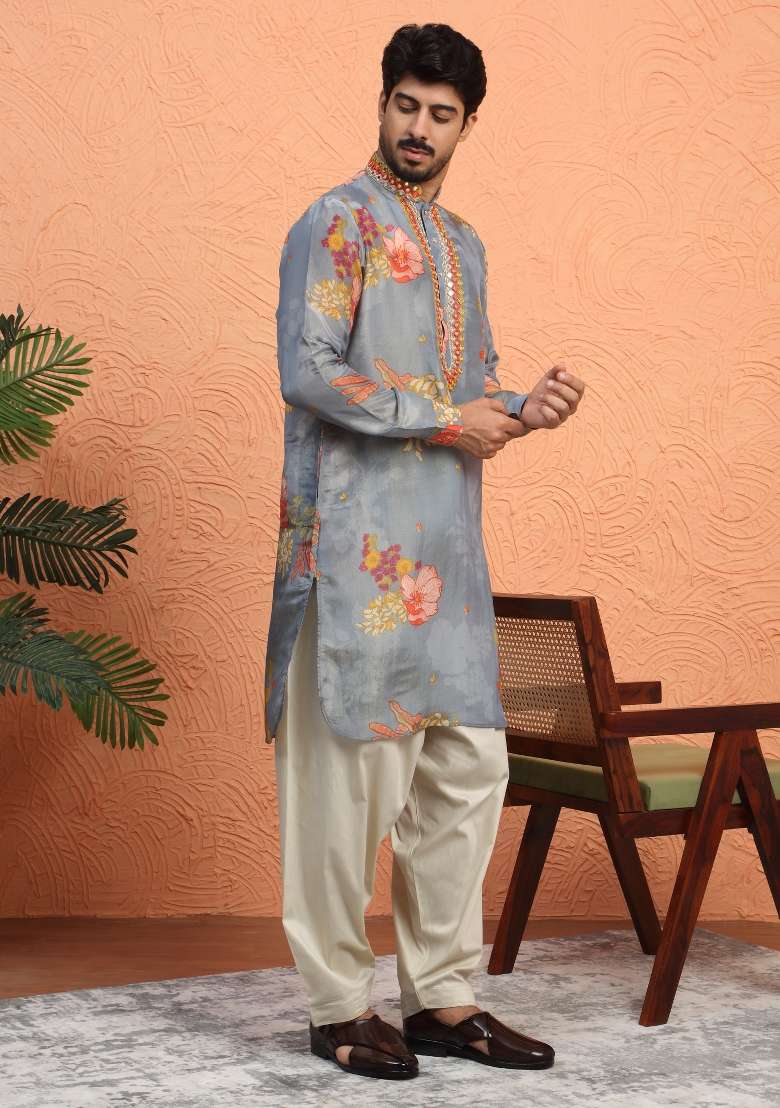 Grey Yoke Design Silk Blend Kurta Set For Men - Indya
