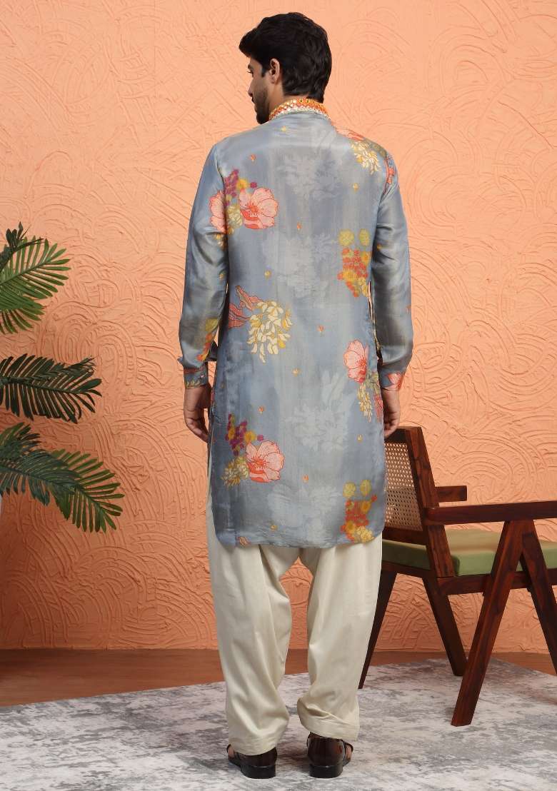 Grey Yoke Design Silk Blend Kurta Set For Men - Indya