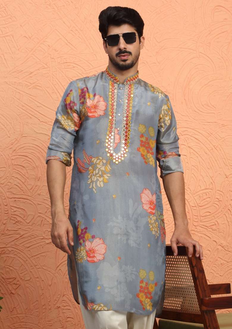 Grey Yoke Design Silk Blend Kurta Set For Men - Indya