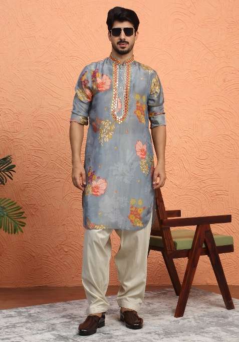 Grey Yoke Design Silk Blend Kurta Set For Men