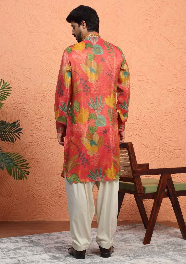 Maroon Yoke Design Silk Blend Kurta Set For Men - Indya