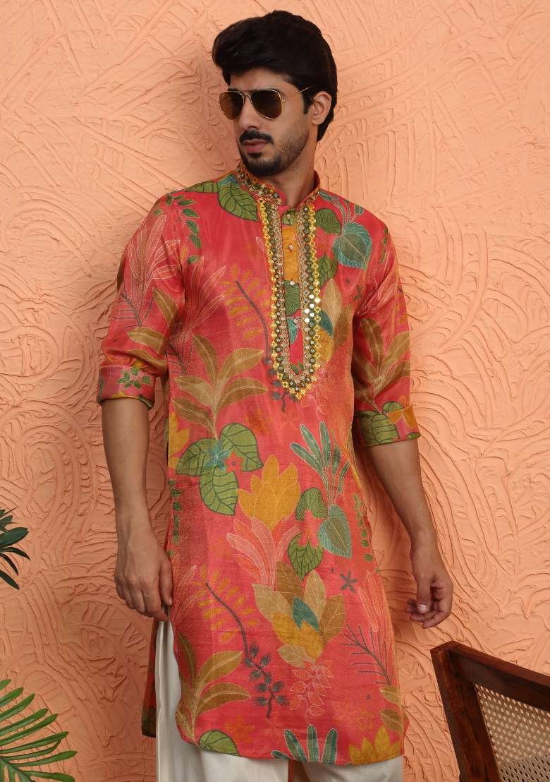 Maroon Yoke Design Silk Blend Kurta Set For Men - Indya
