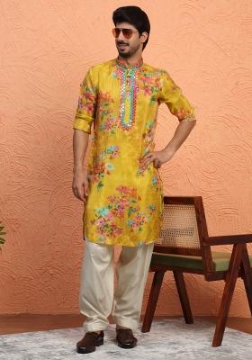 Mustard Yoke Design Silk Blend Kurta Set For Men