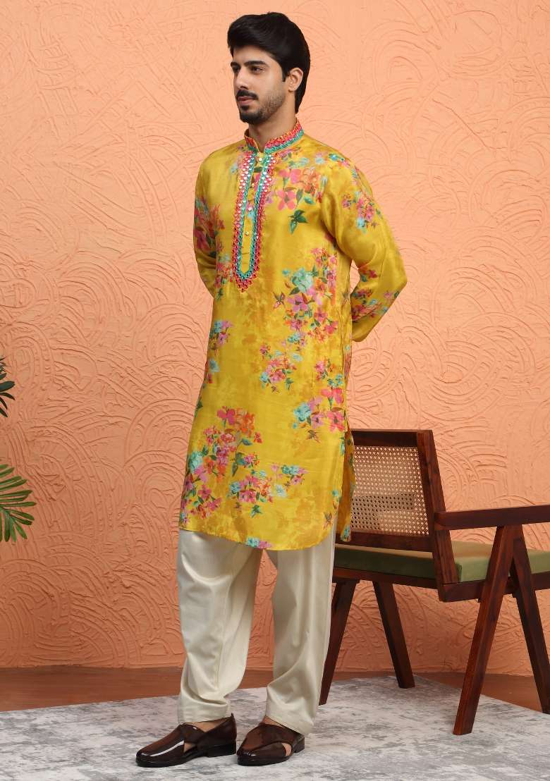 Mustard Yoke Design Silk Blend Kurta Set For Men - Indya