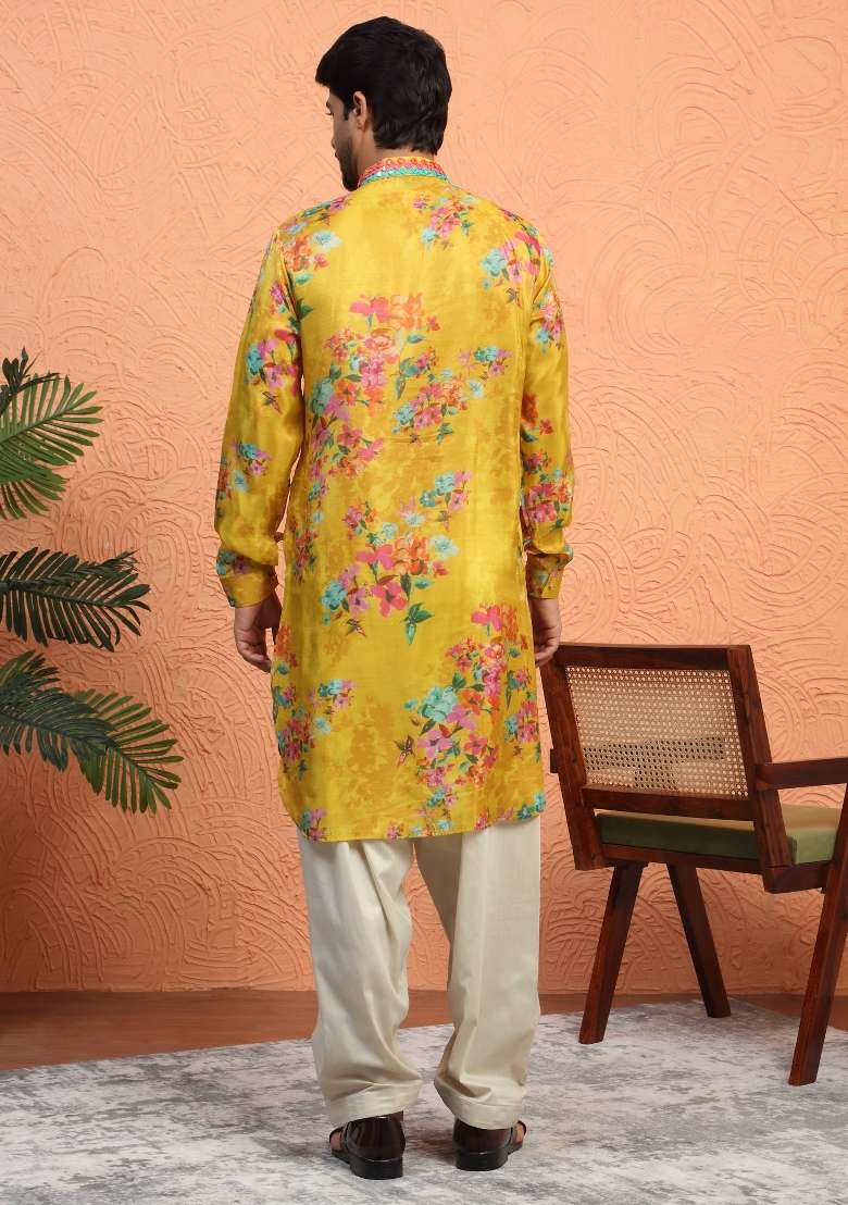 Mustard Yoke Design Silk Blend Kurta Set For Men - Indya