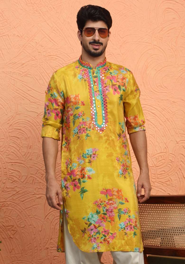 Mustard Yoke Design Silk Blend Kurta Set For Men - Indya